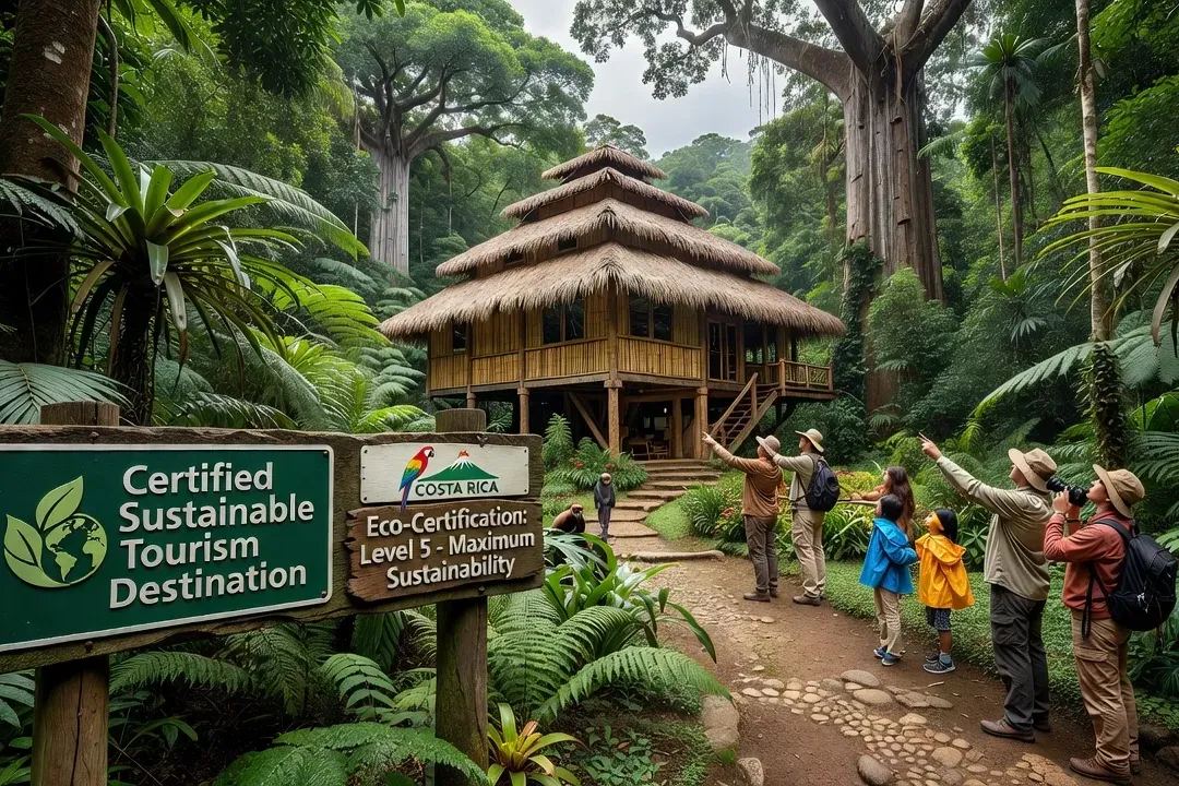 Éco-lodge certifié Costa Rica avec panneaux solaires et signalétique Rainforest Alliance — tourisme durable certifié