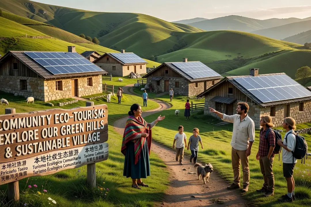Village éco-touristique certifié GSTC en montagne avec panneaux solaires et signalétique tourisme communautaire