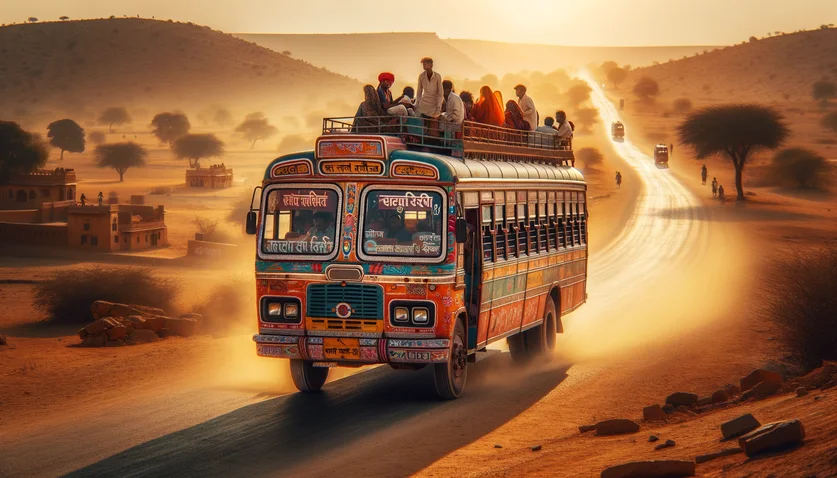 Bus indien coloré sur une route du Rajasthan