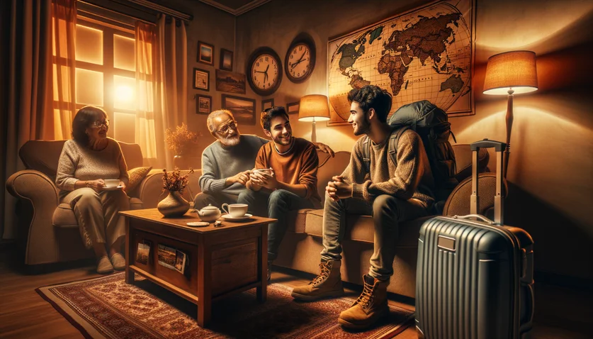 Voyageur partageant un moment avec une famille locale en couchsurfing