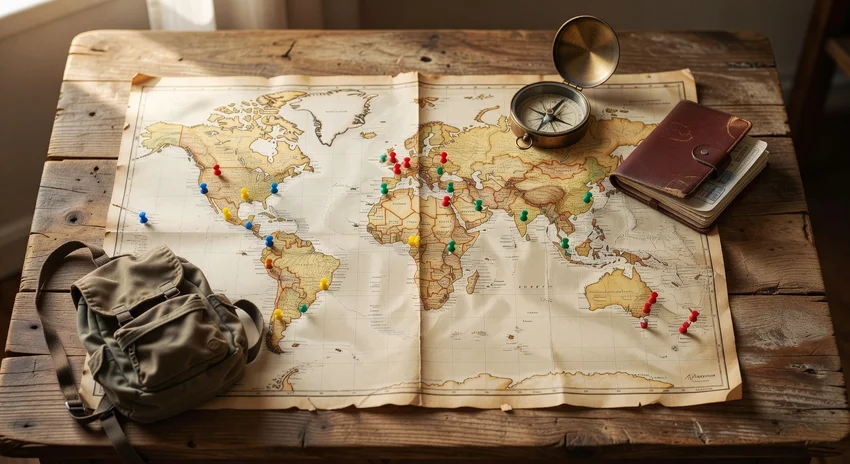 Carte du monde avec destinations marquées et accessoires de voyage