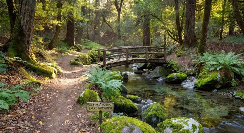 Sentier dans une forêt préservée avec ruisseau cristallin