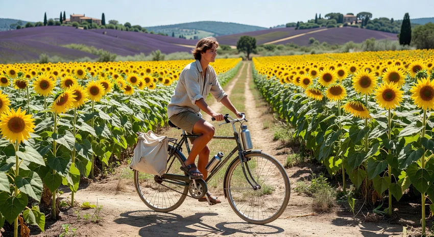 Voyageur à vélo dans un champ de tournesols en Provence