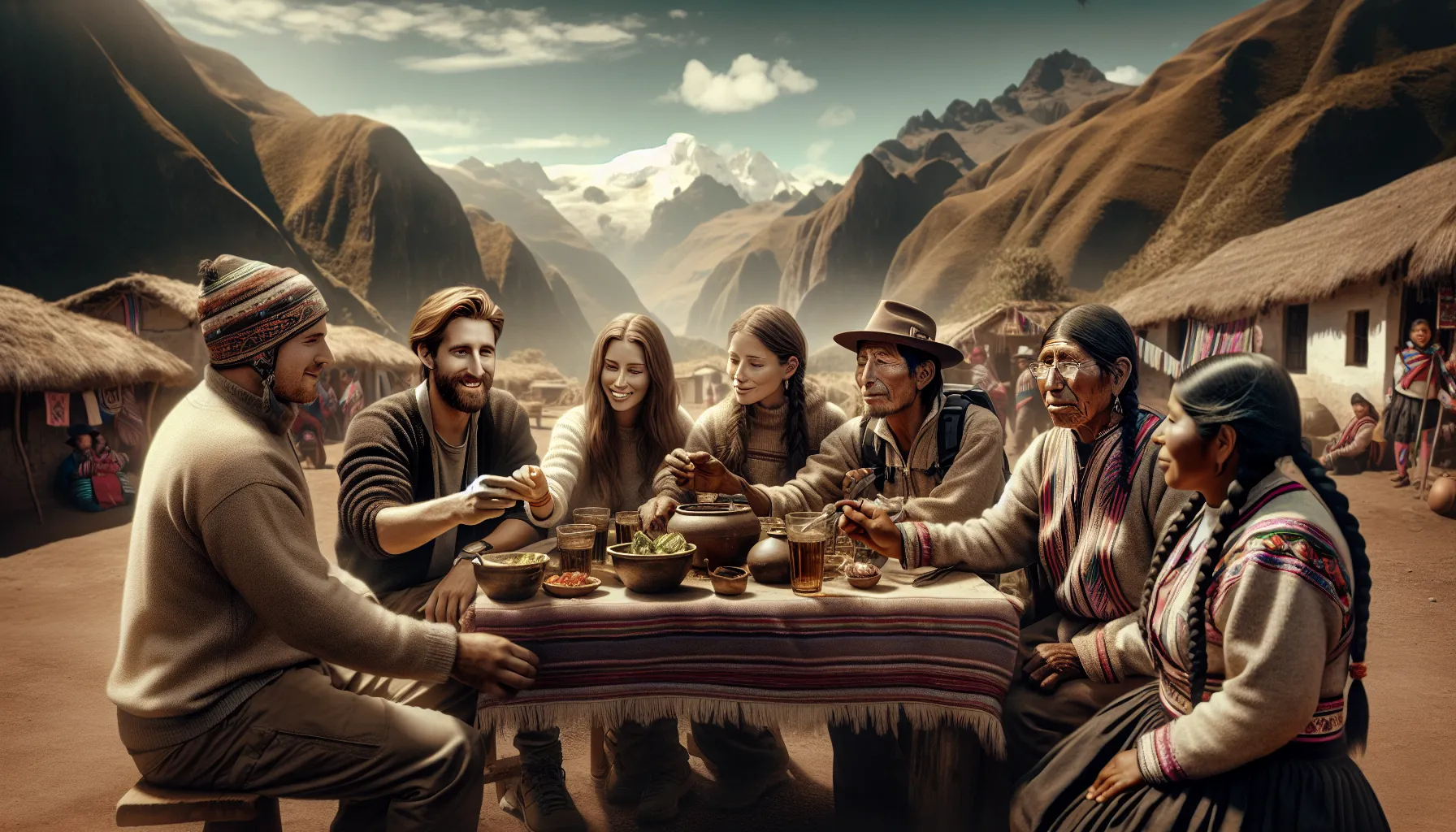 Voyageurs partageant un repas avec une communauté locale au Pérou