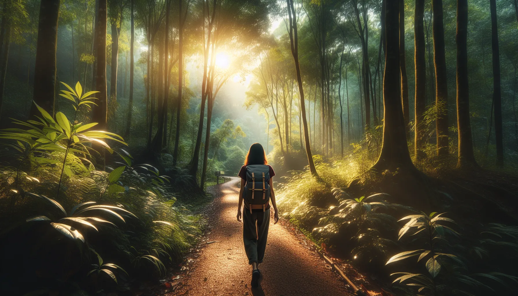 Voyageuse sur un sentier nature avec un sac à dos écoresponsable