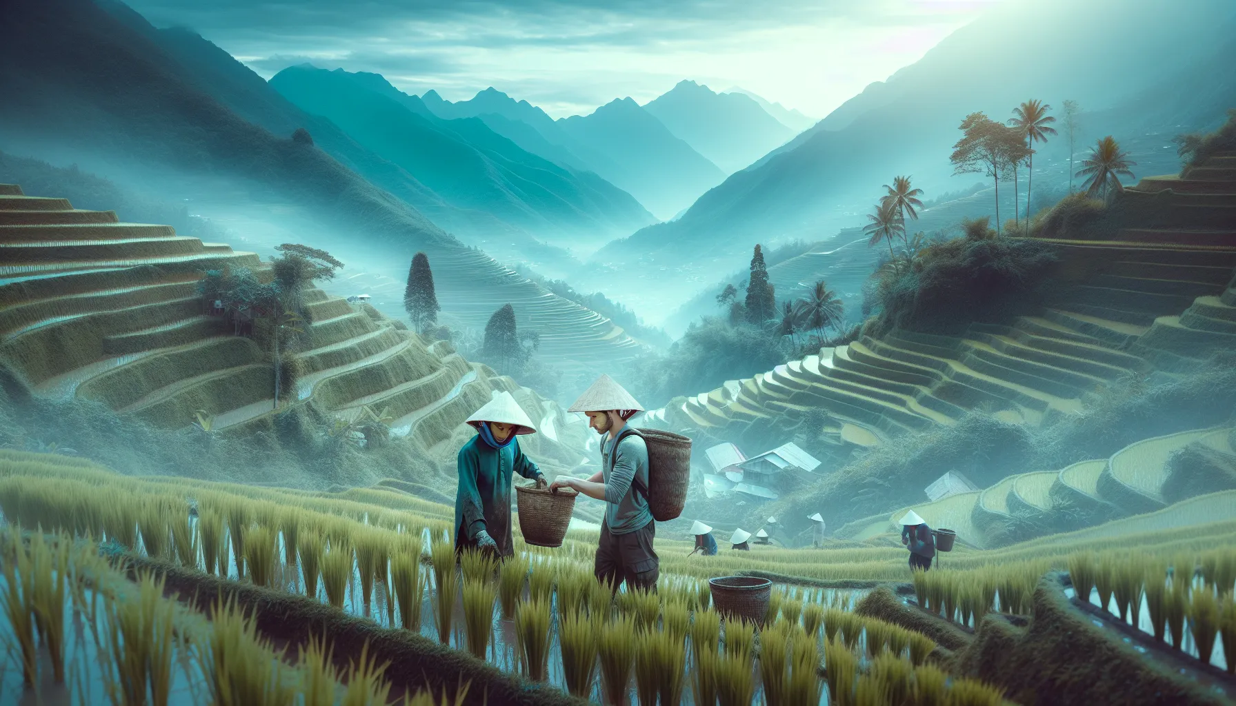 Rizières en terrasses au Vietnam avec un woofeur travaillant dans les champs