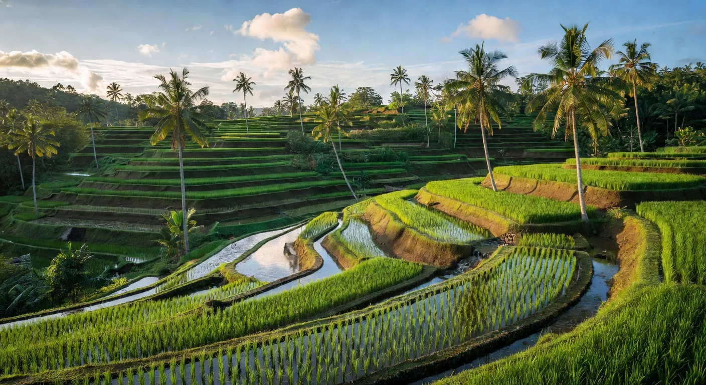 Rizières en terrasses de Tegallalang à Ubud avec paysan en tenue traditionnelle