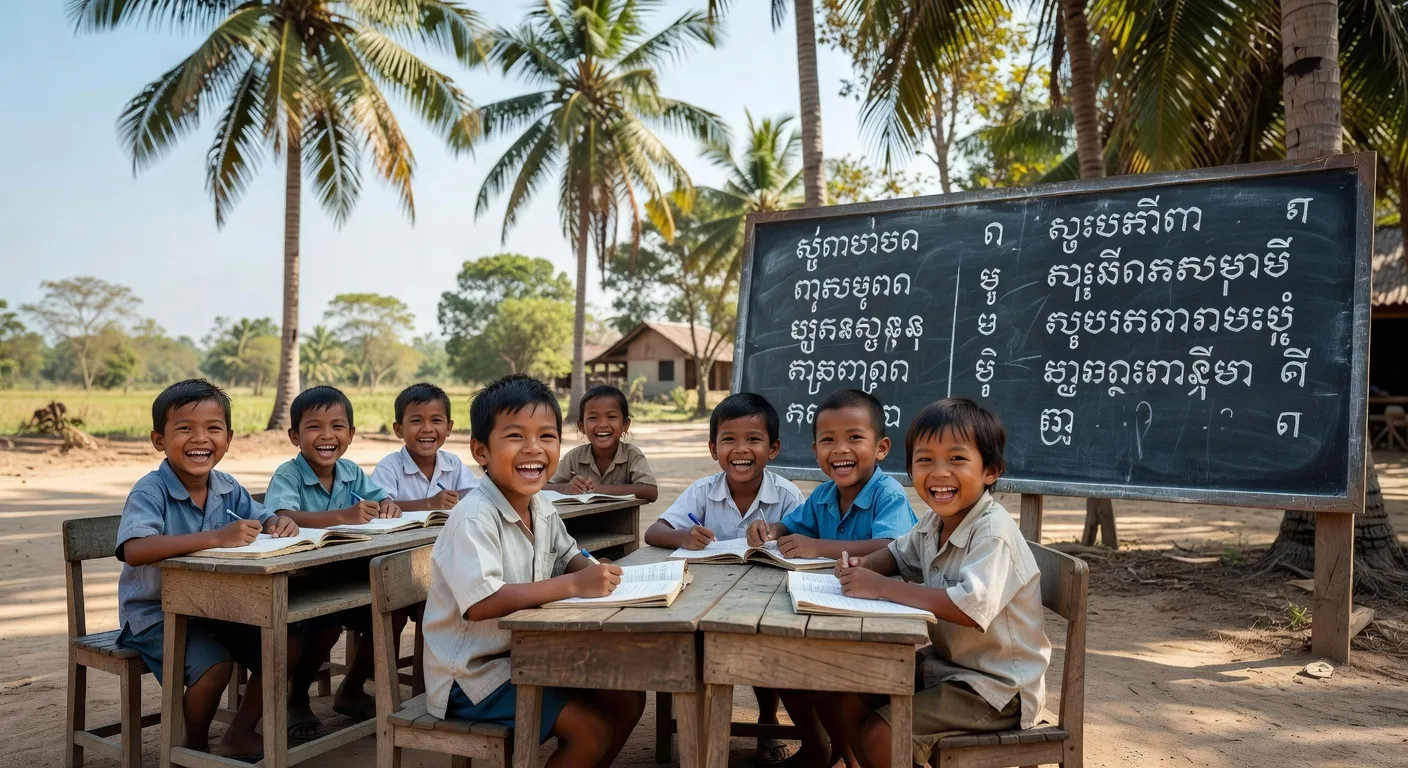 Ecole communautaire cambodgienne avec enfants en classe et enseignante locale