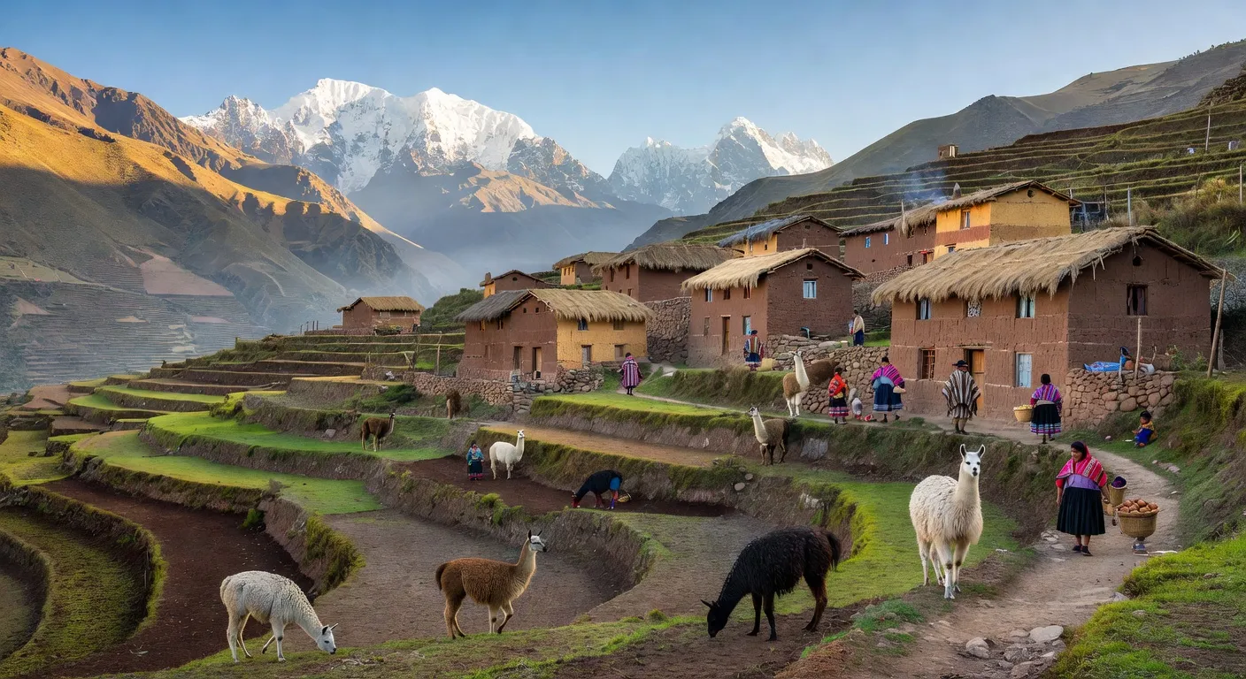 Femmes quechuas en train de tisser dans la cour d'une maison du village pres de Cuzco