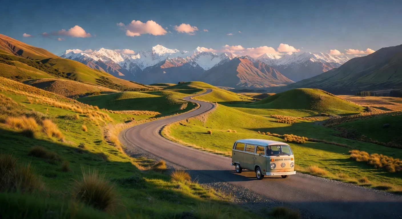 Van aménagé sur une route de campagne en Nouvelle-Zélande